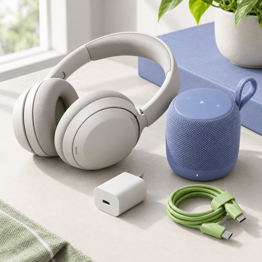 Compact headphones and a small speaker arranged on a clean tabletop